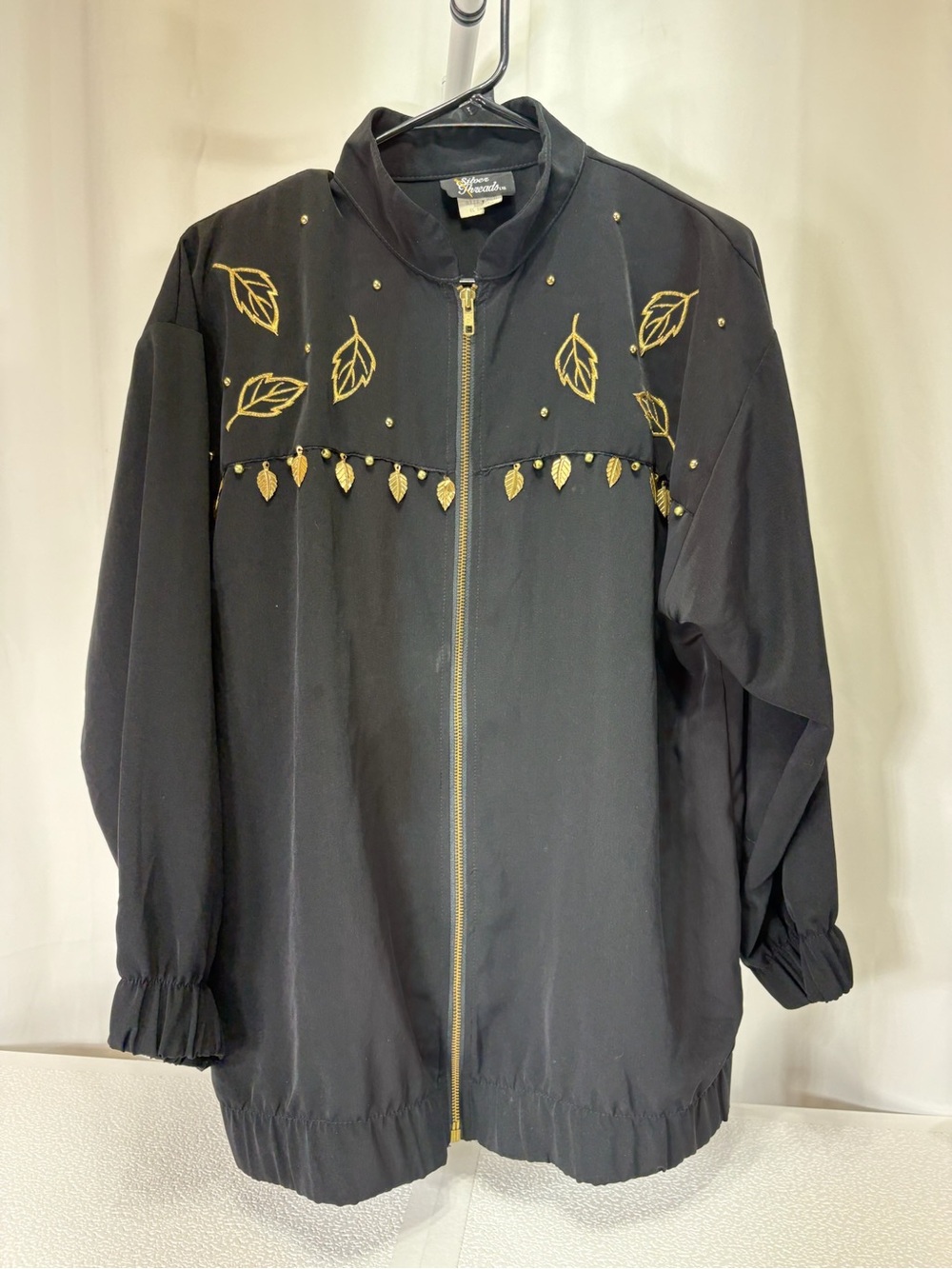 Vintage Black Bomber Jacket with Gold Leaf Embellishments 4069